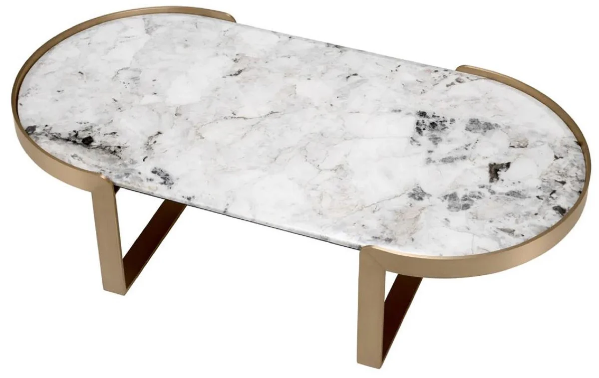 Luxury coffee table brass / white 120 x 60.5 x H. 32.5 cm - Oval living room table with marble top - Living room furniture - Luxury furniture - Luxury collection