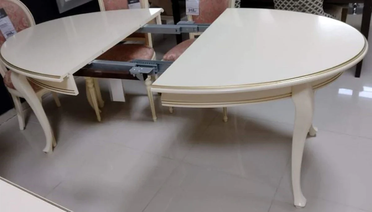 Luxury Art Nouveau dining table cream / gold 160-360 x 110 x H. 78 cm - Oval extendable solid wood dining room table - Baroque & Art Nouveau dining room furniture