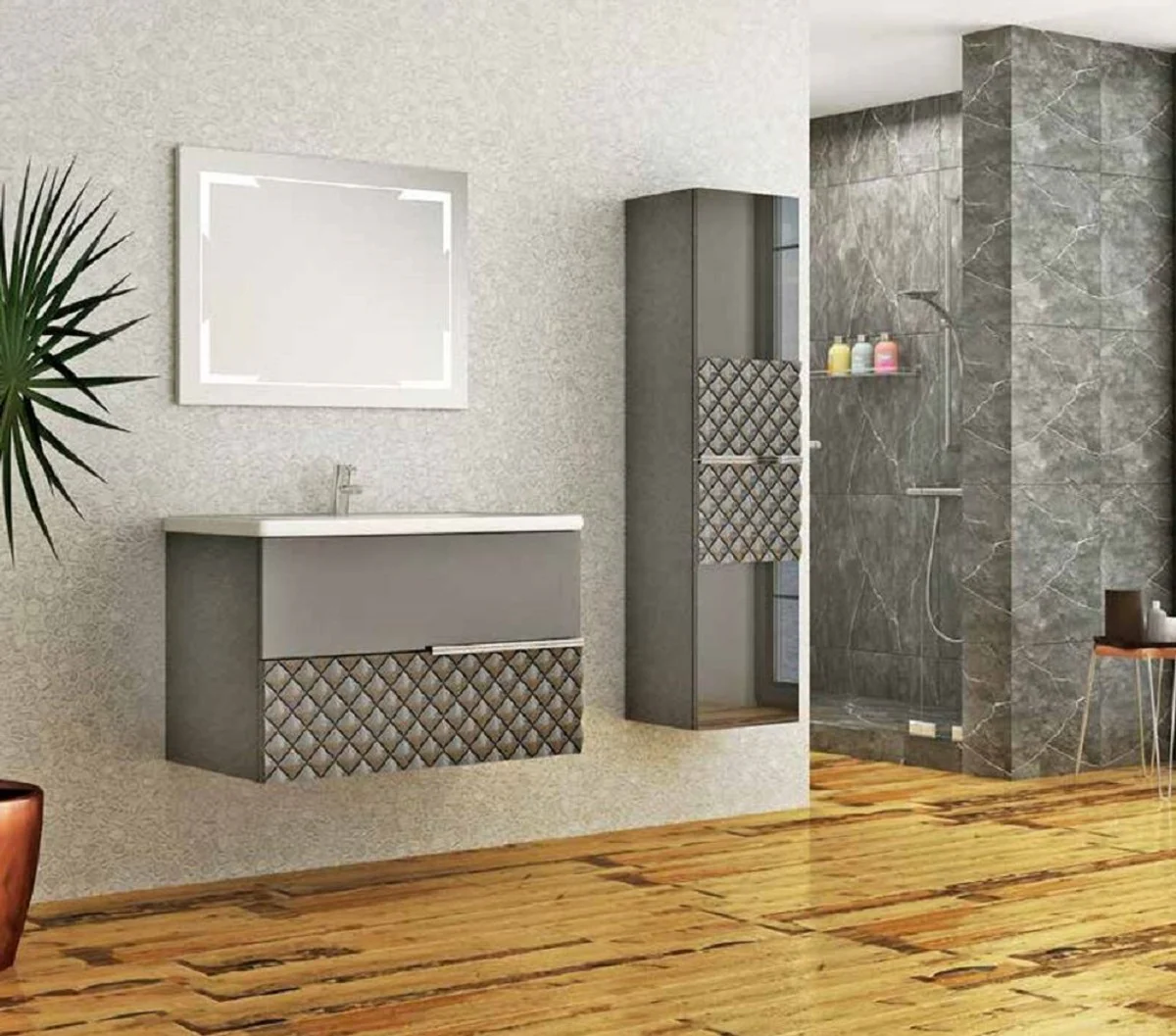Luxury bathroom set gray / black - 1 washbasin and 1 sink and 1 LED wall mirror and 1 wall cabinet - Luxury collection