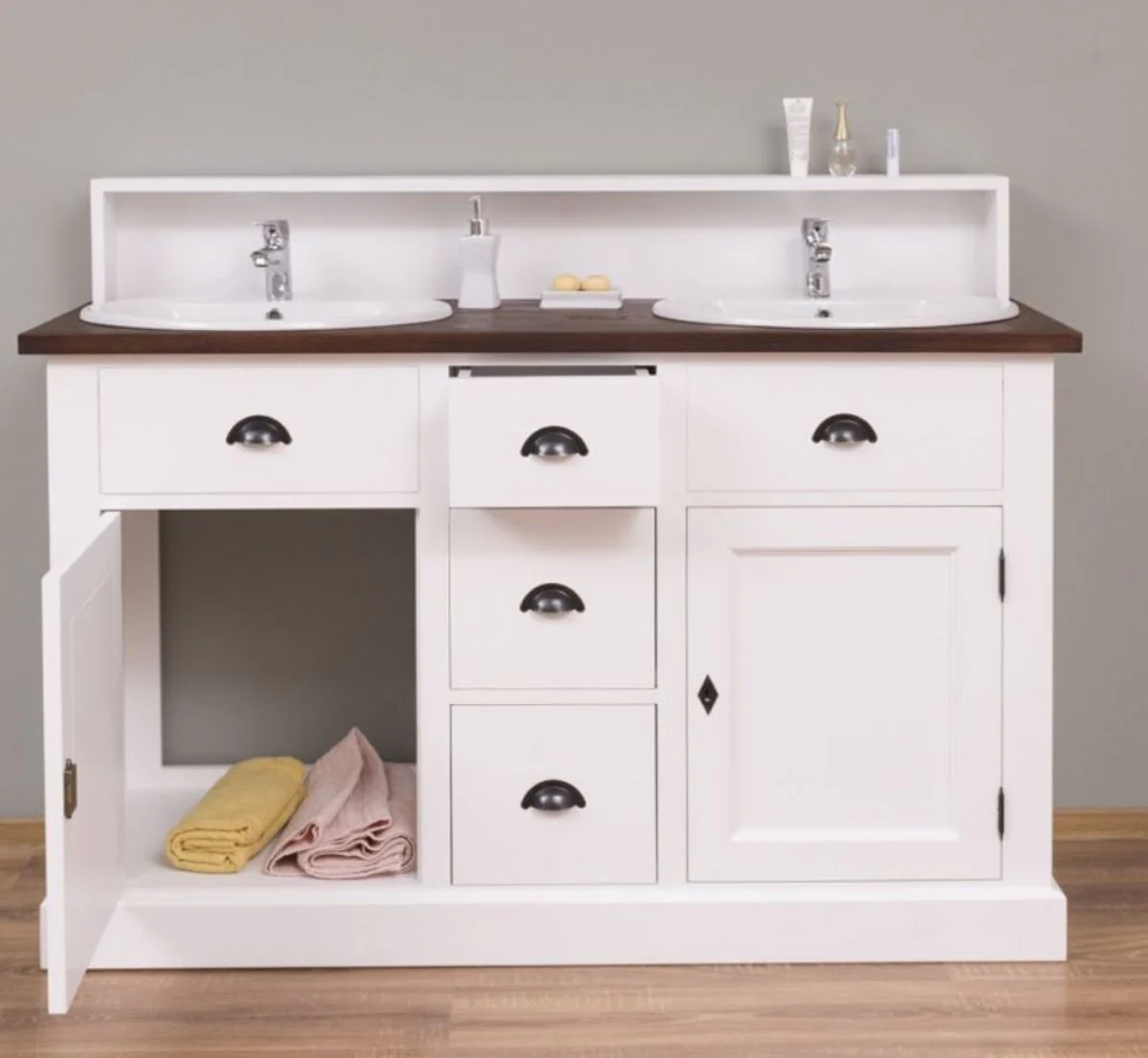 Country house style double washbasin white / dark brown 147 x 51 x H. 110 cm - solid wood washbasin cabinet - bathroom furniture in country house style