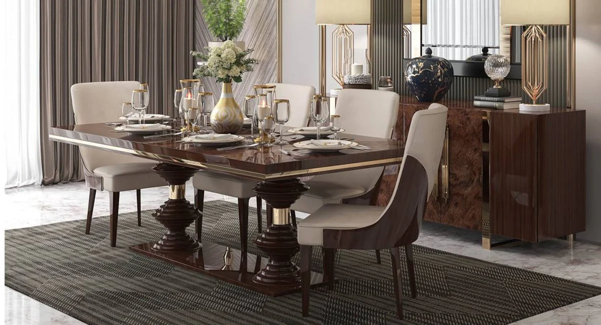 Luxury Art Deco dining table dark brown high gloss / gold 220 x 110 x H. 78 cm - Elegant dining room table - Kitchen table - Art Deco dining room furniture