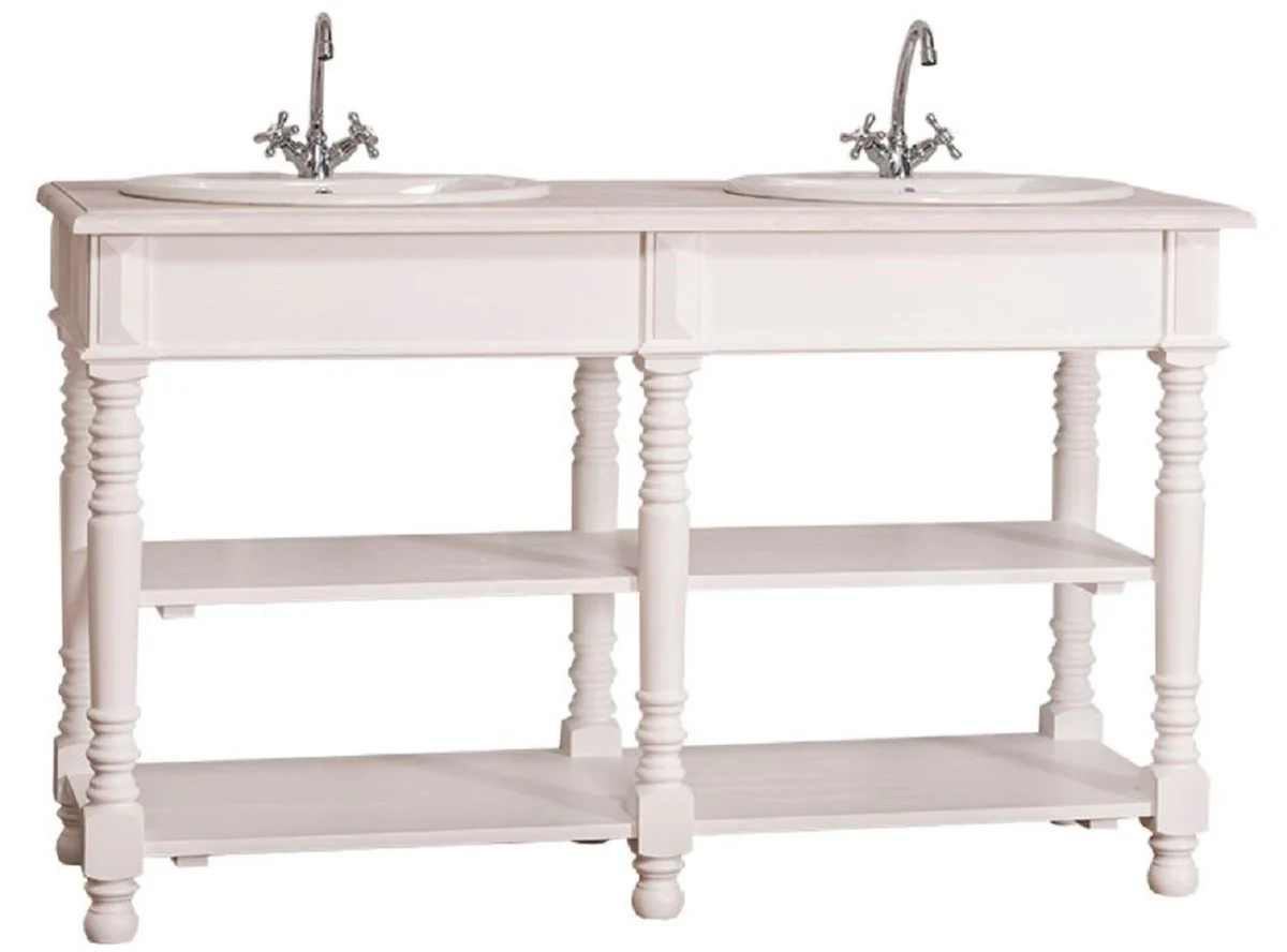 Country house style double washbasin cabinet white / light gray 150 x 54 x H. 90 cm - solid wood washbasin - bathroom furniture in country house style