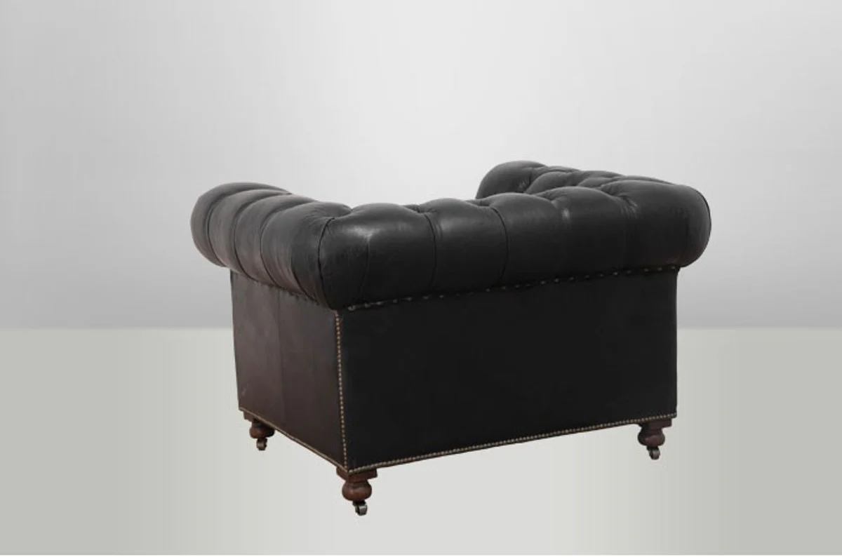 Chesterfield Luxury Real Leather Armchair Vintage Leather from Old Saddle Black - Club Armchair