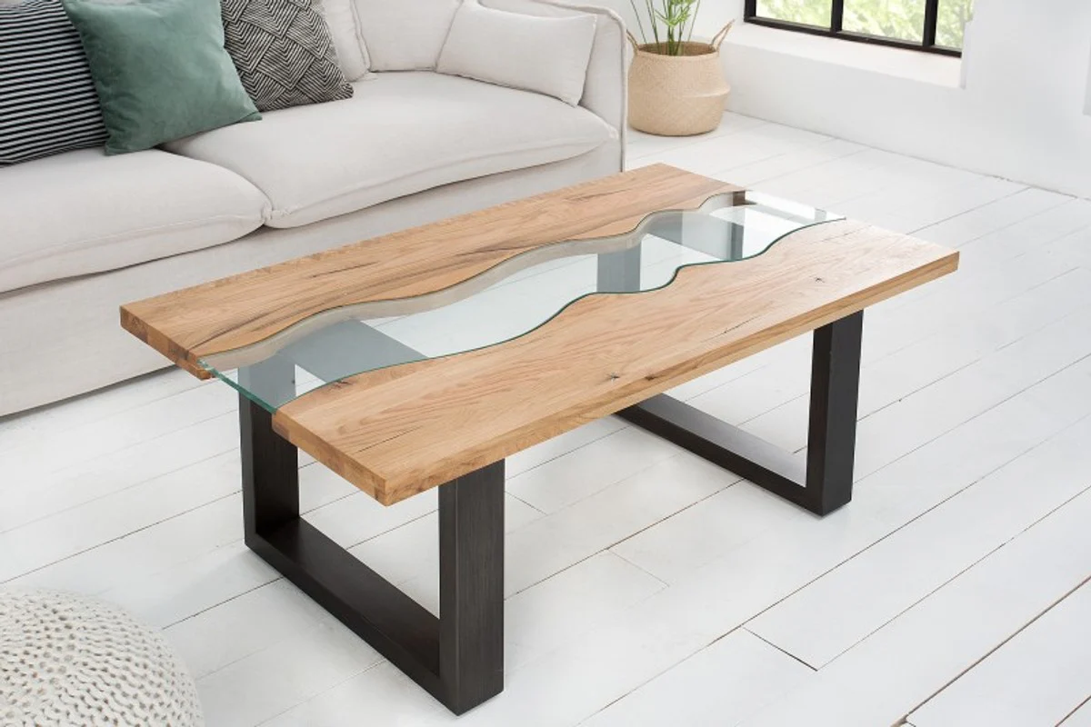 Designer solid wood wild oak coffee table with safety glass natural 115cm x H. 45cm - salon living room table