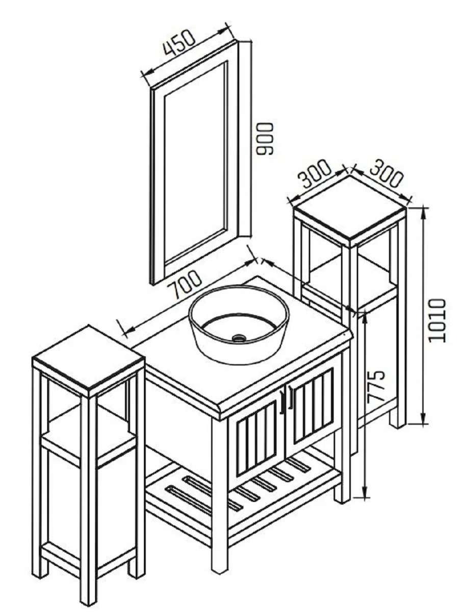 Country house style bathroom set blue / brown - 1 washbasin cabinet with ceramic washbasin & 2 shelf cabinets & 1 wall mirror - solid wood bathroom furniture - country house style bathroom furniture