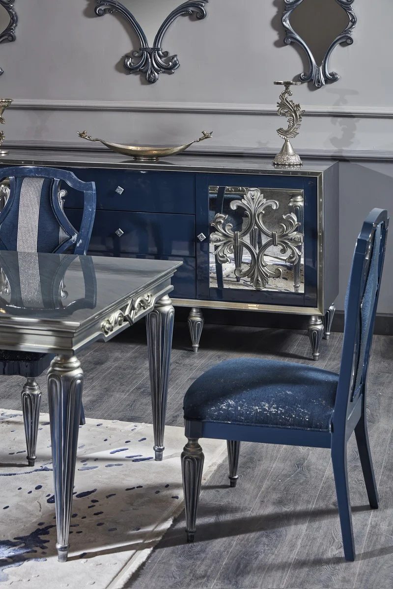 Luxury Baroque Dining Room Set Blue / Silver - Dining Table and 6 Dining Chairs - Baroque Dining Room Furniture