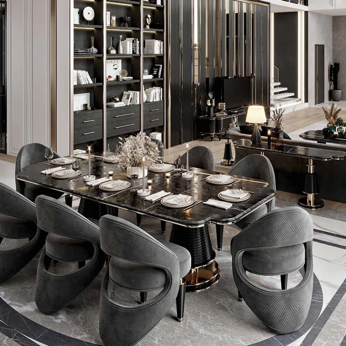 Luxury dining table black / gold 250 x 112 x H. 77 cm - Dining room table with artificial marble table top - Dining room furniture - Luxury furniture - Luxury furnishings