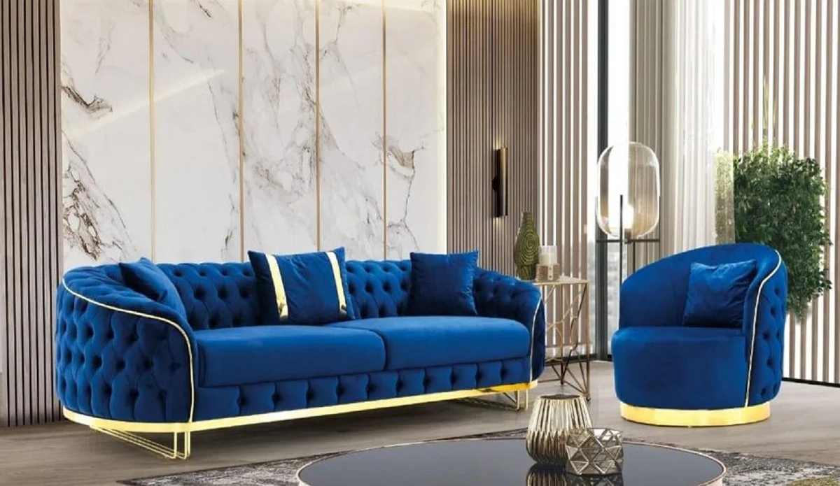 Luxury Chesterfield sofa blue / gold 240 x 95 x H. 72 cm - Modern living room sofa - Chesterfield living room furniture