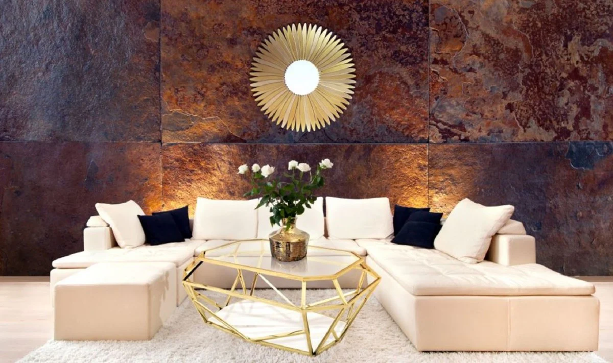 Luxury coffee table gold / white 100 x 70 x H. 41 cm - Modern living room table with glass & marble top - Living room furniture