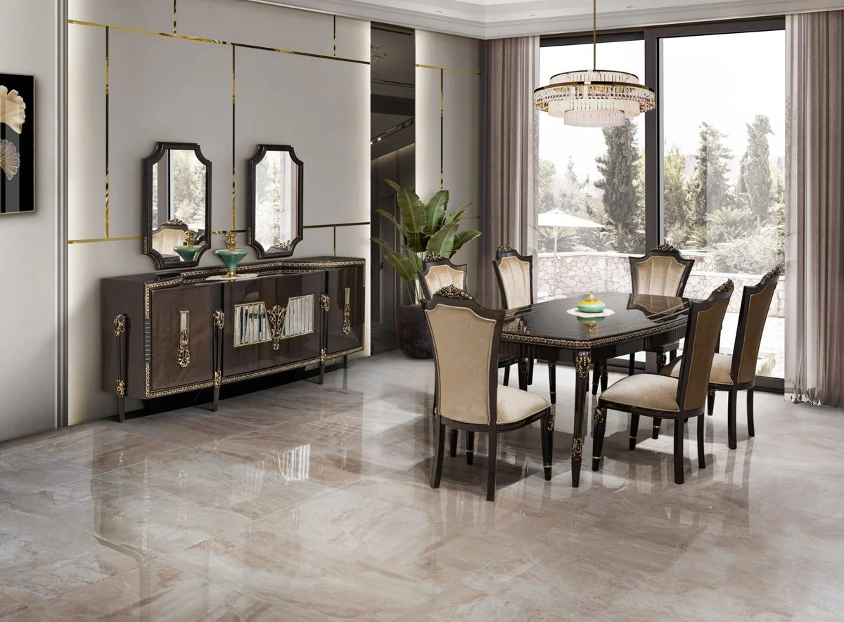 Luxury Baroque Dining Room Set Light Brown / Dark Brown / Gold - 1 Dining Table & 6 Dining Chairs