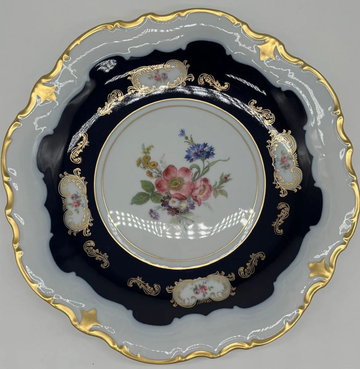 Luxury Baroque Porcelain Plate White / Dark Blue / Multicolored / Gold Ø 33 cm - Porcelain Dinner Plate - Luxury Baroque Porcelain Accessories - Reichenbach Porcelain - Made in Germany