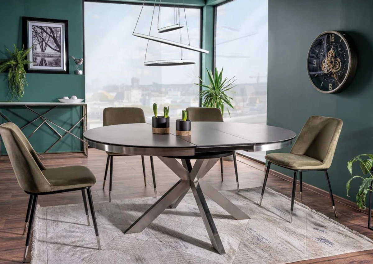 Designer dining table gray / silver 120-160 x 120 x H. 76 cm - Extendable dining room table with glass ceramic table top and stainless steel legs - Kitchen furniture - Designer dining room furniture