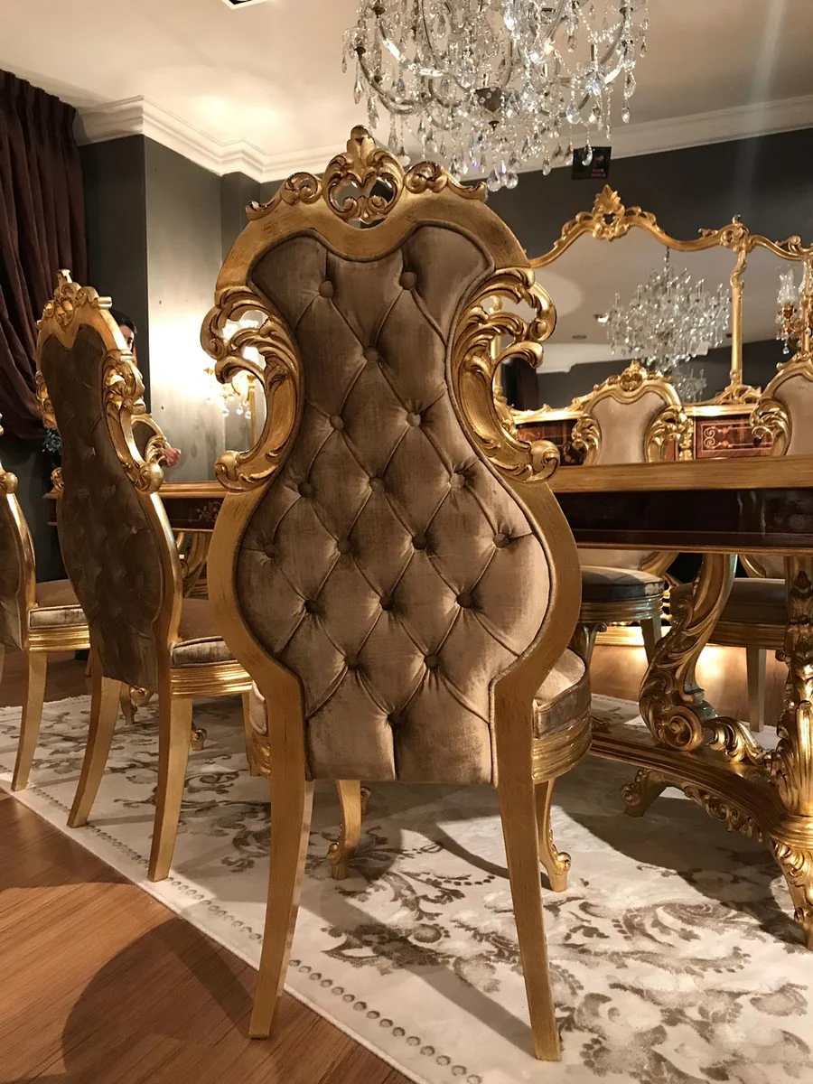 Luxury Baroque Dining Room Set Brown / Antique Gold - 1 Dining Table & 8 Dining Chairs - Dining Room Furniture in Baroque Style - Noble & Magnificent