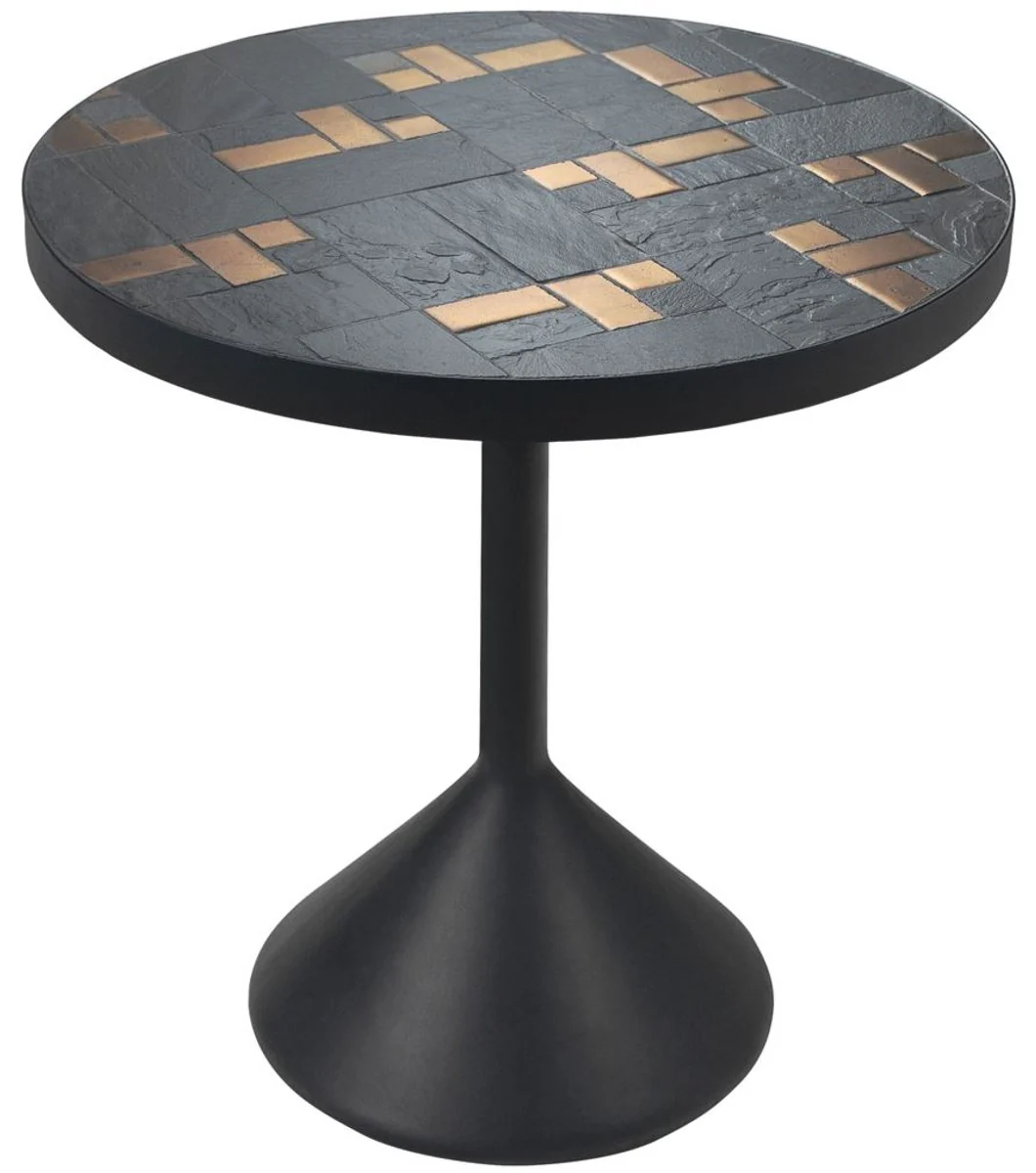Luxury living room table multicolored / black Ø 50 x H. 53 cm - round coffee table with slate and ceramic tiles