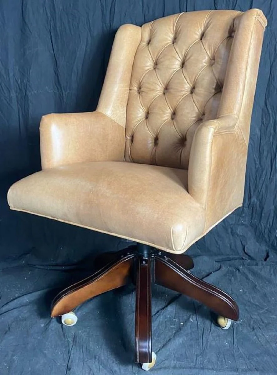 Luxury Chesterfield leather office chair vintage cream / brown 64 x 67 x H. 104-111 cm - Height-adjustable real leather desk chair - Chesterfield furniture - Real leather furniture - Luxury furniture