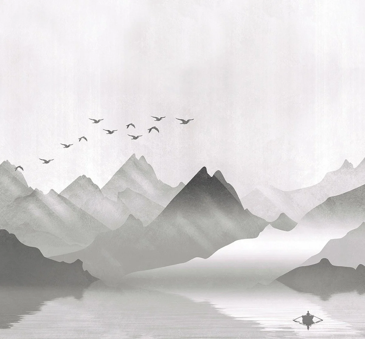 Luxury curtain set mountains with lake gray 250 x H. 290 cm - Printed linen & velvet curtains - Eyelet curtains - Sliding curtains - Elegant living room bedroom curtains