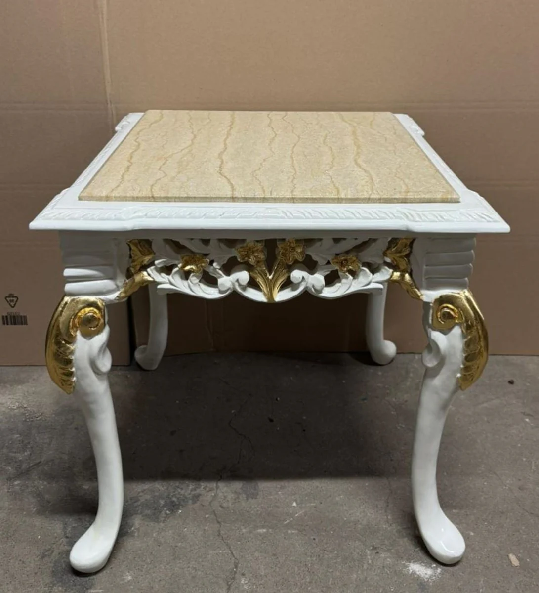 Baroque side table with marble top white / gold / beige 60 cm