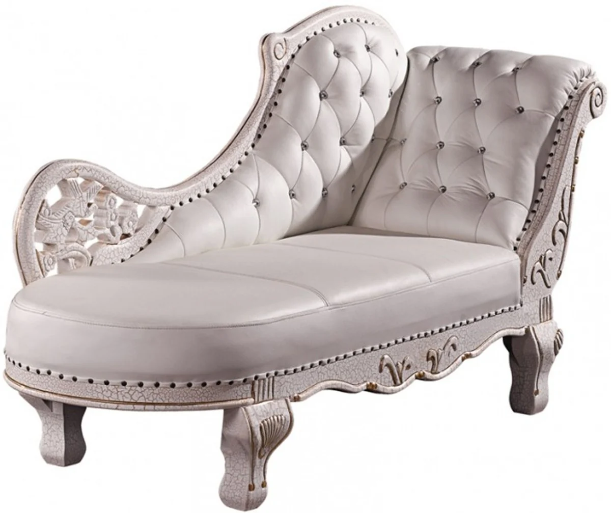 Baroque Chaise Longue Antique White / Real Leather Chaise Lonque
