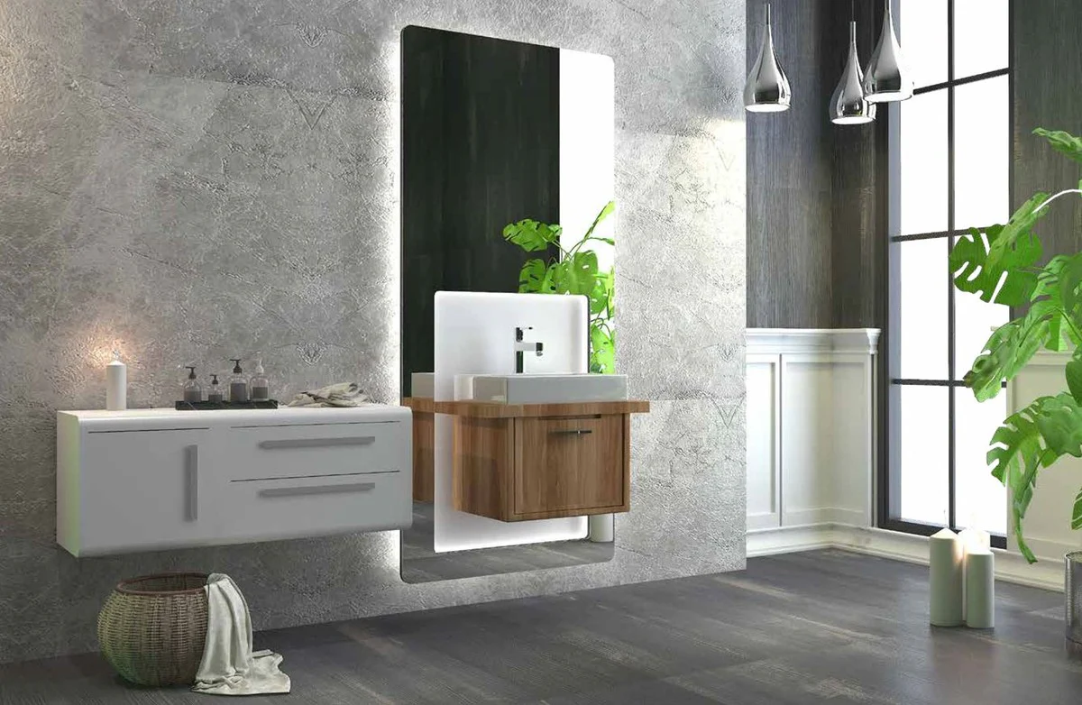 Luxury bathroom set brown / white - 1 washbasin and 1 sink and 1 LED wall mirror and 1 wall cabinet - luxury bathroom furniture
