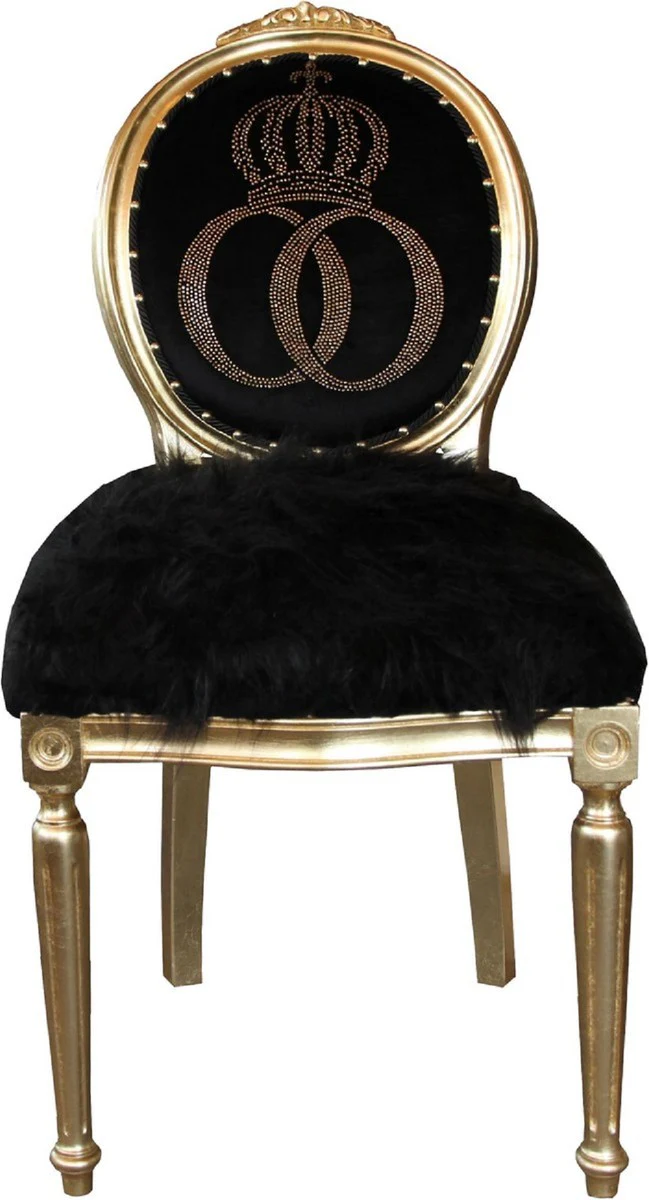 Pompöös by Luxury Baroque Dining Room Chairs Faux Fur Black / Gold Crown with Glitter Stones 50 x 60 x H. 104 cm - Pompöös Baroque Chairs designed by Harald Glööckler - 6 dining room chairs