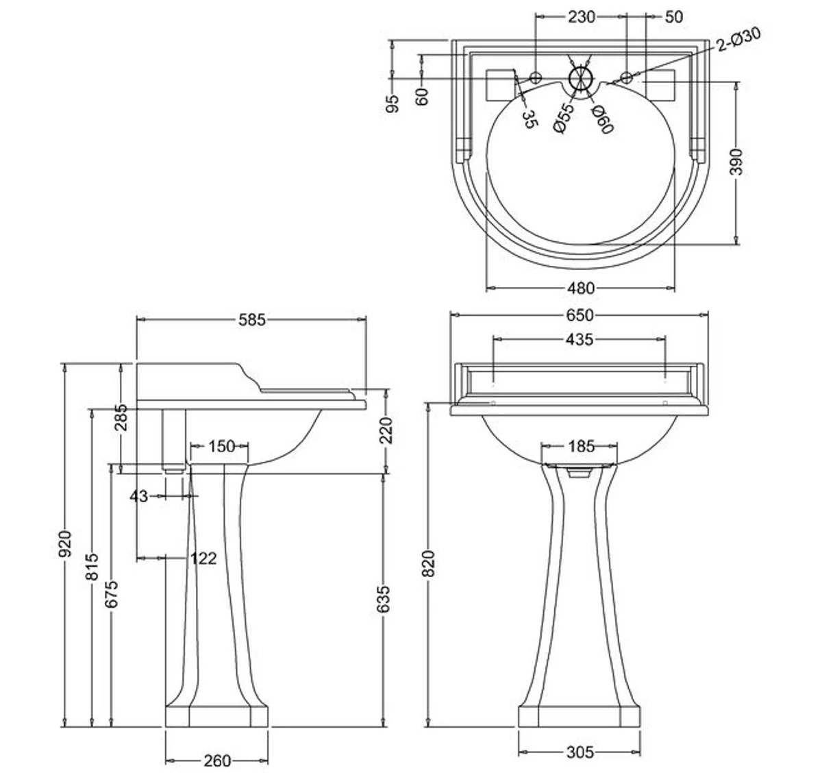 Art Deco sink with 2 tap holes - porcelain sink