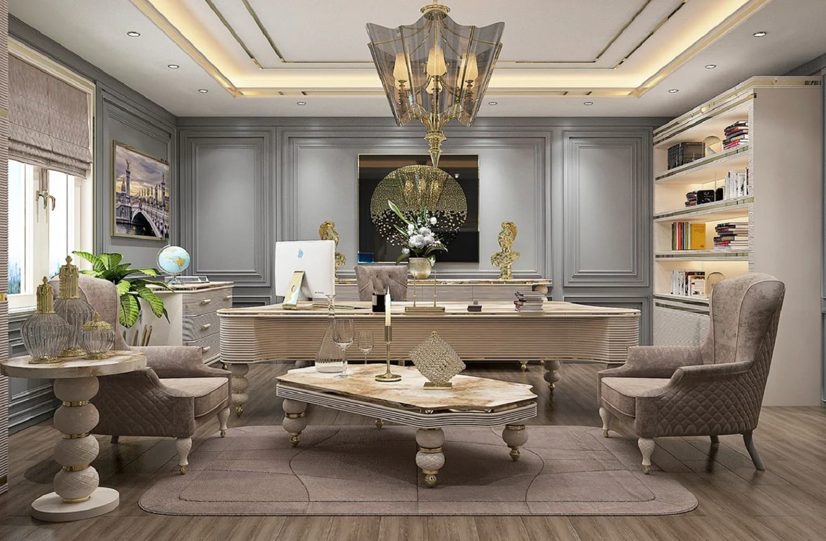 Luxury Art Deco coffee table white / beige / gray / gold - living room table with artificial marble table top - Art Deco living room & hotel furniture - luxury collection