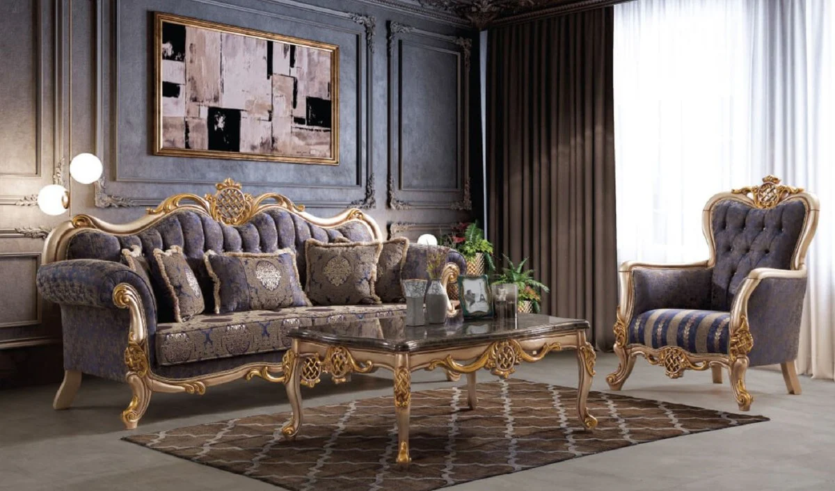 Luxury baroque living room table blue / silver / gold 120 x 90 x H. 55 cm - Noble solid wood coffee table in baroque style - Baroque living room furniture