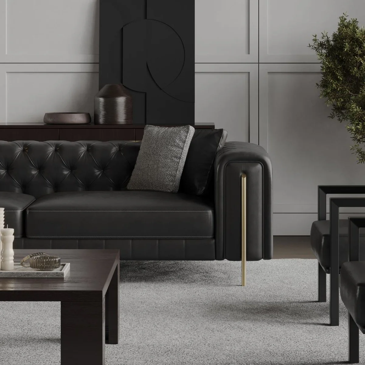 Luxury Chesterfield Faux Leather Sofa Black / Brass 262 cm - Luxury Furniture