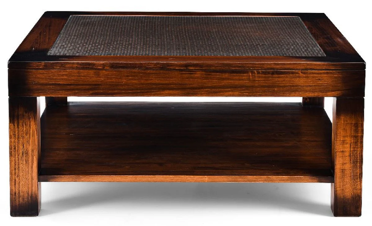 Luxury vintage style coffee table brown 100 x 100 x H. 45.5 cm - Square solid wood living room table with glass top - Vintage style living room furniture - Luxury furniture