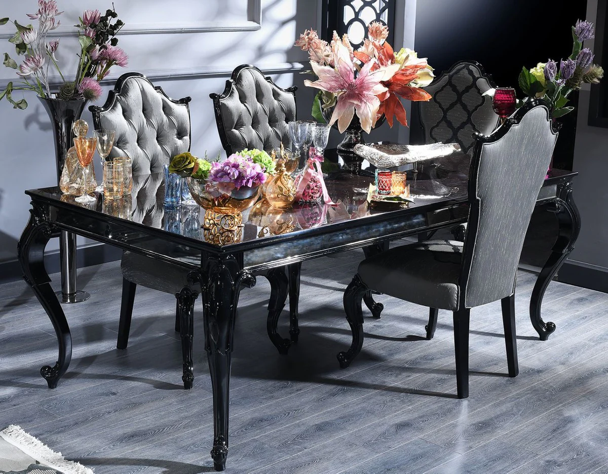 Luxury baroque dining table black / brown 210 x 110 x H. 78 cm - Elegant solid wood kitchen table with glass top and mirror glass - Baroque dining room furniture - Luxury quality - Made in Italy