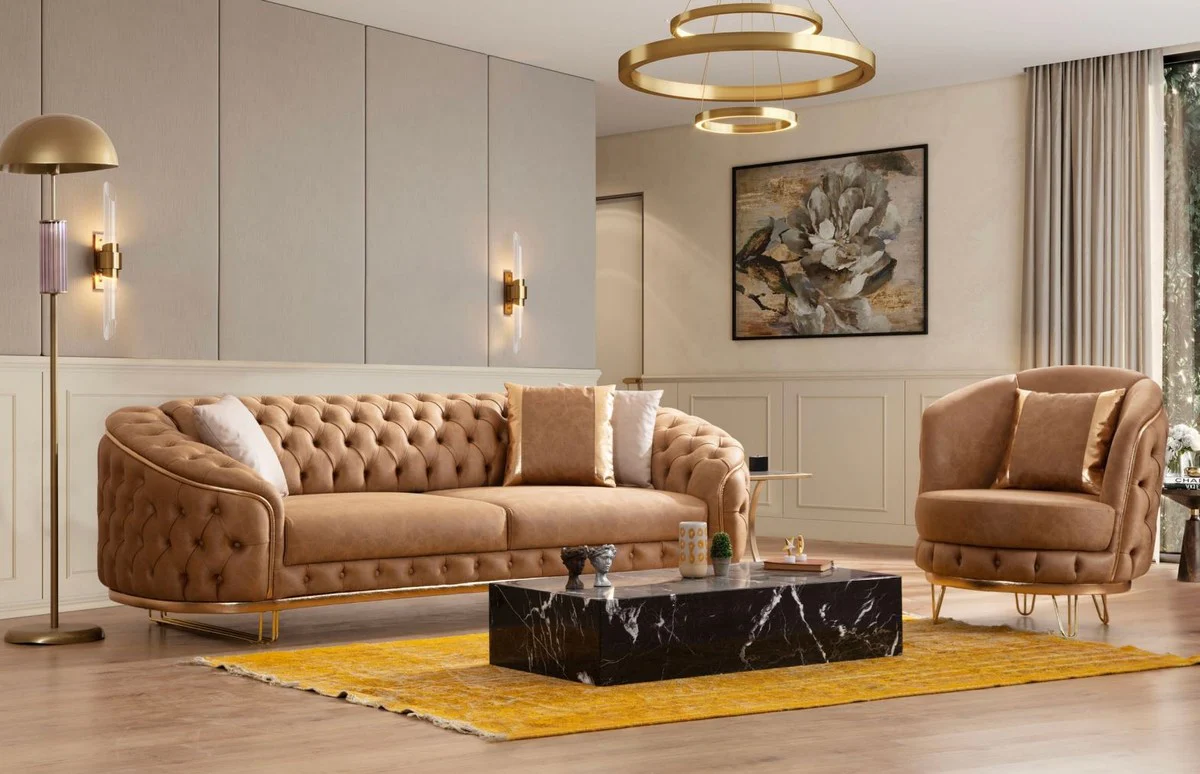 Luxury Chesterfield faux leather armchair vintage brown / brass 85 x 80 x H. 100 cm - living room armchair - living room furniture - luxury furniture - luxury living room furnishings