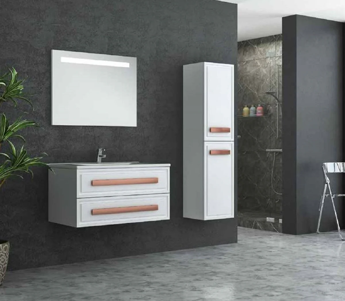Luxury bathroom set white / bronze - 1 vanity unit and 1 sink and 1 LED wall mirror and 1 wall cabinet - luxury bathroom furniture