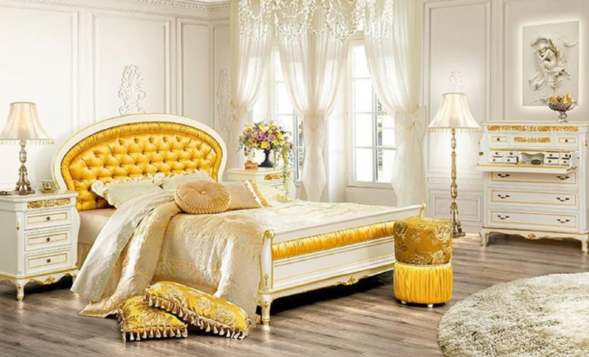 Luxury baroque double bed with glittering stones gold / white - magnificent solid wood bed - luxury bedroom furniture in baroque style - baroque bedroom furniture - noble & magnificent