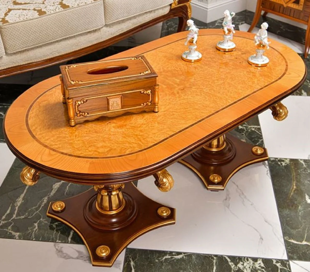 Luxury Baroque Coffee Table Natural / Brown / Gold 125 cm - Baroque Furniture - Made in Italy