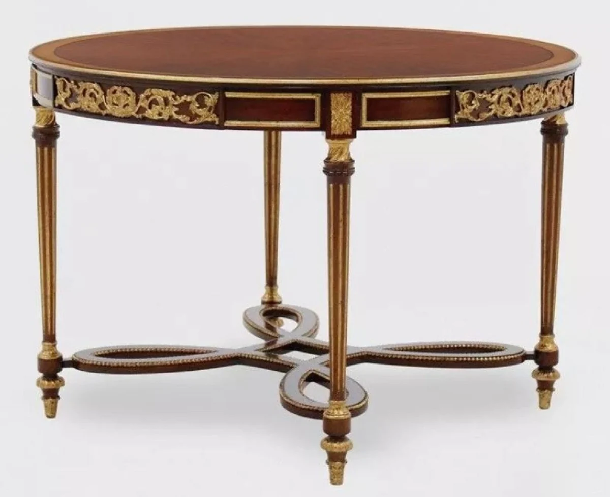 Luxury Baroque Dining Table Dark Brown / Brown / Antique Gold - Round Baroque Style Solid Wood Kitchen Table - Luxury Dining Room Furniture in Baroque Style - Baroque Dining Room Furniture