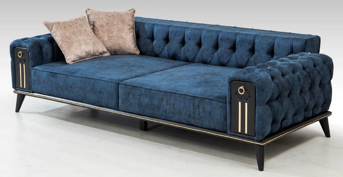Luxury Chesterfield sofa bed blue / black / gold 220 x 90 x H. 80 cm - Modern living room sofa - Chesterfield living room furniture