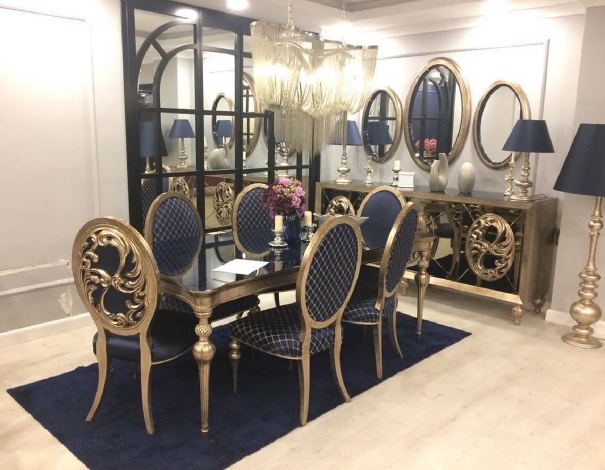 Luxury Baroque Dining Room Set Blue / Antique Gold - 1 Dining Room Table & 6 Dining Chairs - Baroque Dining Room Furniture - Noble & Magnificent