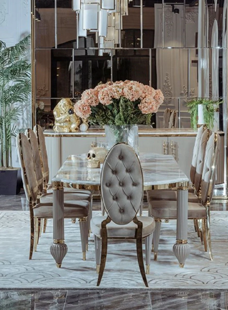 Luxury Art Deco dining room set gray / white / gold - 1 Art Deco dining table with artificial marble table top & 8 Art Deco dining room chairs - Magnificent Art Deco dining room furniture - luxury quality