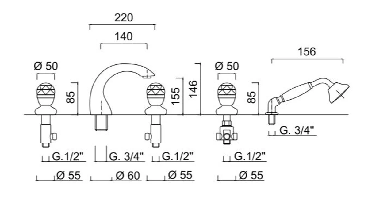 Luxury bathtub fittings set 5-hole combination silver - bathroom bathtub fittings with Swarovski crystal glass