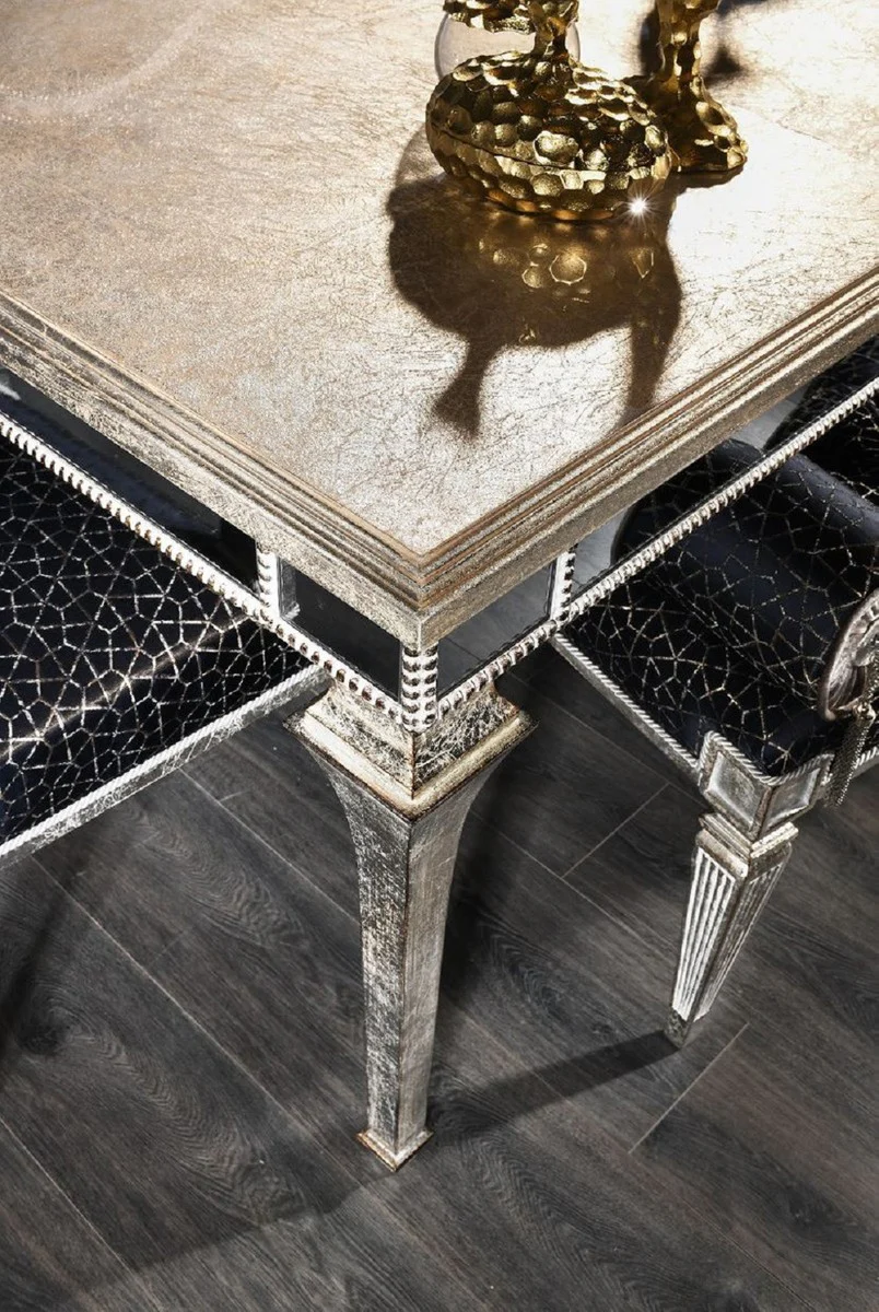 Luxury Baroque Dining Room Set Black / Antique Silver - 1 Baroque Dining Table & 4 Baroque Dining Chairs & 1 Baroque Bench - Luxury Dining Room Furniture in Baroque Style - Noble & Magnificent